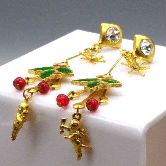 Fun Christams Shoulder Duster Earrings, Gold Tone Crystals Drop to Whimsical - Picture 2 of 4